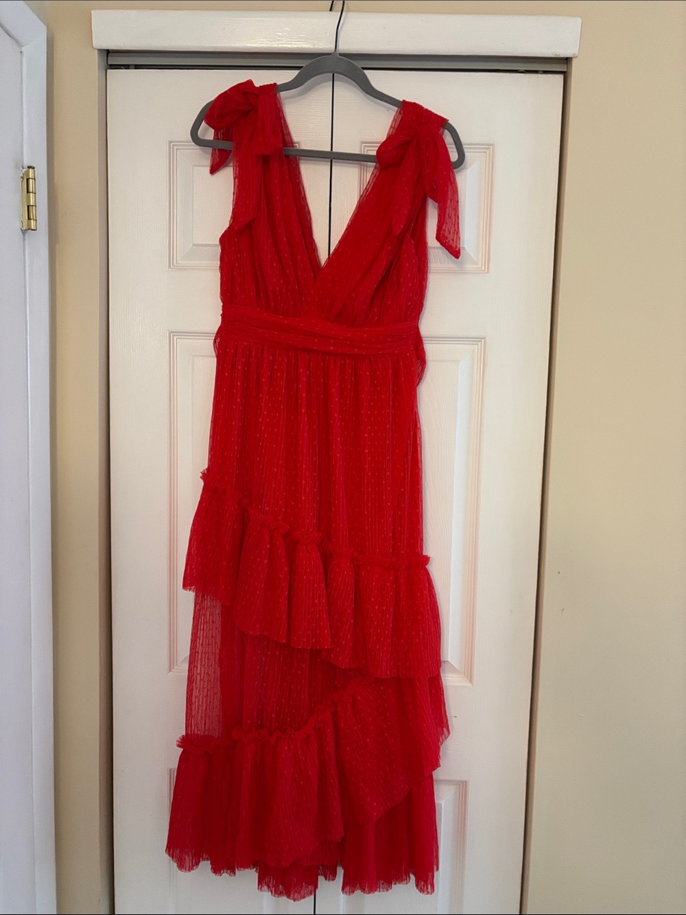 VICI Red Tiered Ruffle Midi Dress with Tie Straps